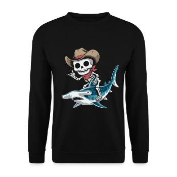 Skelett Cowboy reitet Hammer-Hai - Unisex Pullover - Schwarz - Vorne - Alina (178cm) & Michal (187cm)