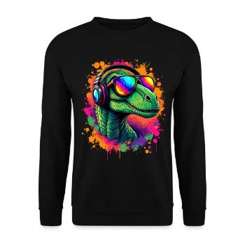 Neon Dino with Headphones Velociraptor T-Shirt Dino - Unisex Sweatshirt - black - Front - Alina (178cm) & Michal (187cm)