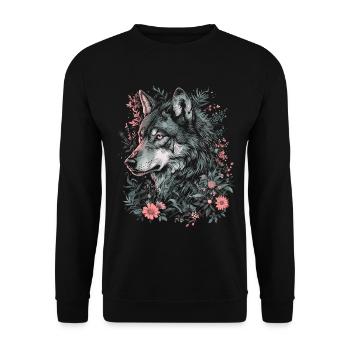 Wolf Wolfskopf Blumen Pflanzen Natur Wildnis Kunst - Unisex Pullover - Schwarz - Vorne - Alina (178cm) & Michal (187cm)