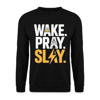 Wake Pray Slay Kraftbotschaft - Unisex Pullover - Schwarz - Vorne - Alina (178cm) & Michal (187cm)
