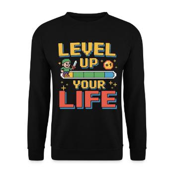 Level Up Your Life Pixel Motivator - Unisex Pullover - Schwarz - Vorne - Alina (178cm) & Michal (187cm)