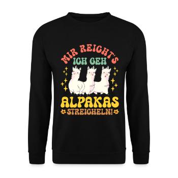 Alpaka Fan MIR REICHT'S GEH ALPAKAS STREICHELN - Unisex Pullover - Schwarz - Vorne - Alina (178cm) & Michal (187cm)
