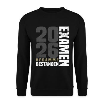 Hebamme Examen Bestanden 2026 - Unisex Pullover - Schwarz - Vorne - Alina (178cm) & Michal (187cm)