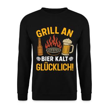 Bierfan GRILL AN BIER KALT GLÜCKLICH Lustiges - Unisex Pullover - Schwarz - Vorne - Alina (178cm) & Michal (187cm)