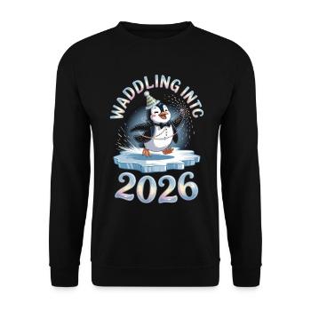 New Year's Eve Shirt 2026 – Cute Penguin in Party Look - Unisex Sweatshirt - black - Front - Alina (178cm) & Michal (187cm)