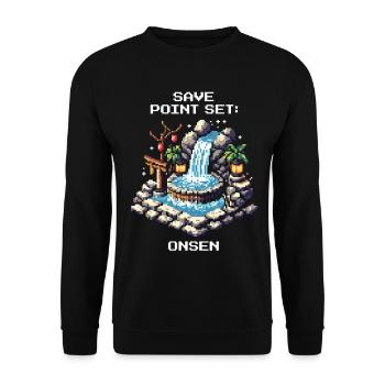 Speicherpunkt gesetzt: Onsen | Japan Reise - Unisex Pullover - Schwarz - Vorne - Alina (178cm) & Michal (187cm)