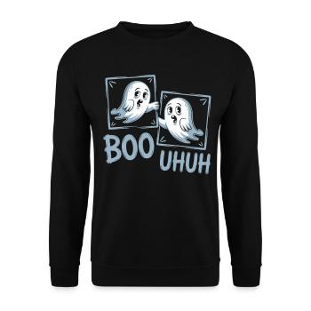 Lustiges Geist T-Shirt – Boo Uhuh Halloween - Unisex Pullover - Schwarz - Vorne - Alina (178cm) & Michal (187cm)