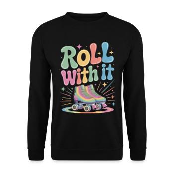 Colorful Roller Skate T-Shirt with Saying – Roll With It - Unisex Sweatshirt - black - Front - Alina (178cm) & Michal (187cm)