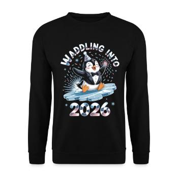 Chemise du Nouvel An Pingouin 2026 – Parfaite pour le réveillon du Nouvel An - Sweat-shirt Unisexe - noir - Devant - Alina (178cm) & Michal (187cm)