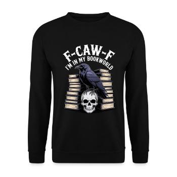 Rabe über Schädel und Bücherwelt - Unisex Pullover - Schwarz - Vorne - Alina (178cm) & Michal (187cm)