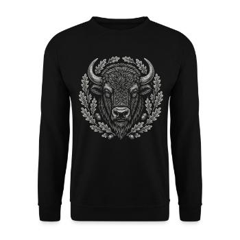Europäischer Bison mit Eichenkranz Kunst - Unisex Pullover - Schwarz - Vorne - Alina (178cm) & Michal (187cm)