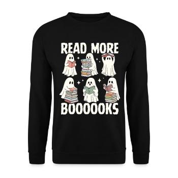 Lesende Geister und Bücherstapel - Unisex Pullover - Schwarz - Vorne - Alina (178cm) & Michal (187cm)