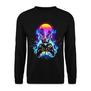 Gaming King Retrowave Controller Neon 80s Stadt - Unisex Pullover - Schwarz - Vorne - Alina (178cm) & Michal (187cm)