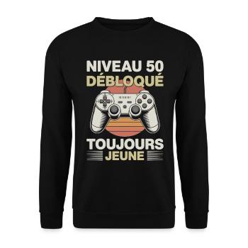 Niveau 50 débloqué toujours jeune Cadeau gamer - Sweat-shirt Unisexe - noir - Devant - Alina (178cm) & Michal (187cm)