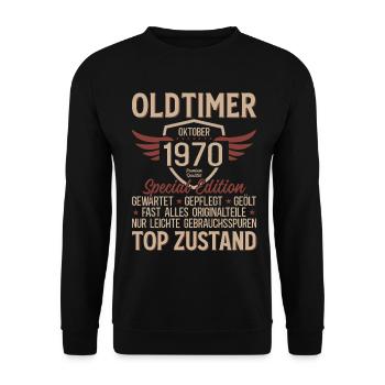 55. Geburtstag Geschenk Oldtimer Oktober 1970 - Unisex Pullover - Schwarz - Vorne - Alina (178cm) & Michal (187cm)