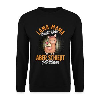 Bald Mama LAMA MAMA SPUCKT NICHT SCHIESST BLICKE - Unisex Pullover - Schwarz - Vorne - Alina (178cm) & Michal (187cm)