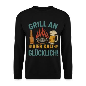 Bierfan GRILL AN BIER KALT GLÜCKLICH Lustiges - Unisex Pullover - Schwarz - Vorne - Alina (178cm) & Michal (187cm)