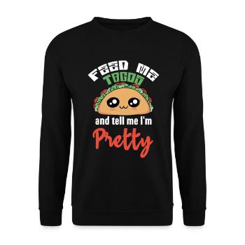 Kawaii Taco Spruch Druck - Unisex Pullover - Schwarz - Vorne - Alina (178cm) & Michal (187cm)