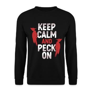 Elfenbein Specht Keep Calm And Peck On - Unisex Pullover - Schwarz - Vorne - Alina (178cm) & Michal (187cm)