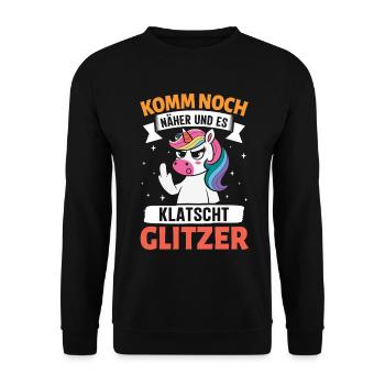 Malle KOMM NOCH NÄHER UND ES KLATSCHT - Unisex Pullover - Schwarz - Vorne - Alina (178cm) & Michal (187cm)