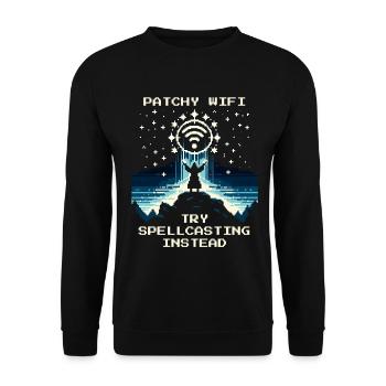 WLAN schwach? Zaubern statt streamen | Nerd Witz - Unisex Pullover - Schwarz - Vorne - Alina (178cm) & Michal (187cm)