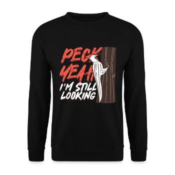 Elfenbein Specht Vogelbeobachter Peck Yeah - Unisex Pullover - Schwarz - Vorne - Alina (178cm) & Michal (187cm)