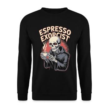 Espresso Exorzist Skelett Kaffee schlürfen Design - Unisex Pullover - Schwarz - Vorne - Alina (178cm) & Michal (187cm)