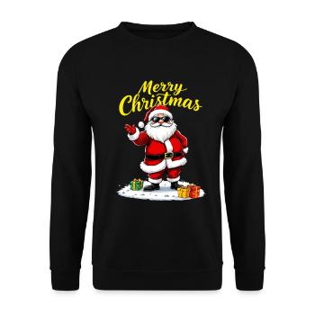 Merry Christmas Weihnachtsmann Mit Geschenken - Unisex Pullover - Schwarz - Vorne - Alina (178cm) & Michal (187cm)