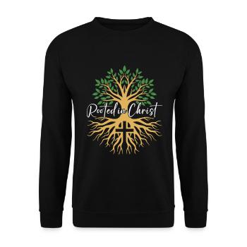 Rooted in Christ – Baum & Kreuz Glaube - Unisex Pullover - Schwarz - Vorne - Alina (178cm) & Michal (187cm)
