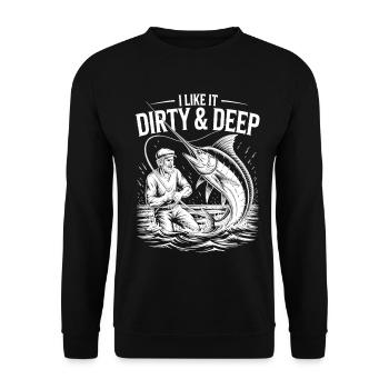 Dirty & Deep – Lustiges Angler-Motiv für Männer - Unisex Pullover - Schwarz - Vorne - Alina (178cm) & Michal (187cm)