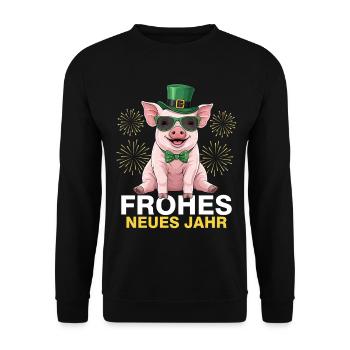 Frohes Neues Jahr Glücksschwein - Unisex Pullover - Schwarz - Vorne - Alina (178cm) & Michal (187cm)
