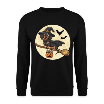 Süßer Dackel Hexe Halloween - Unisex Pullover - Schwarz - Vorne - Alina (178cm) & Michal (187cm)