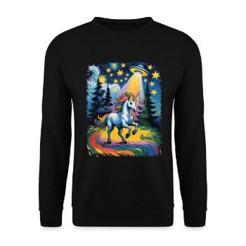 Leuchtendes Einhorn im Sternenrausch - Unisex Pullover - Schwarz - Vorne - Alina (178cm) & Michal (187cm)