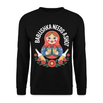 Babuschka mit Shots Motiv - Unisex Pullover - Schwarz - Vorne - Alina (178cm) & Michal (187cm)
