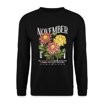 Geburtsblumen Geburtsblume November Chrysantheme - Unisex Pullover - Schwarz - Vorne - Alina (178cm) & Michal (187cm)