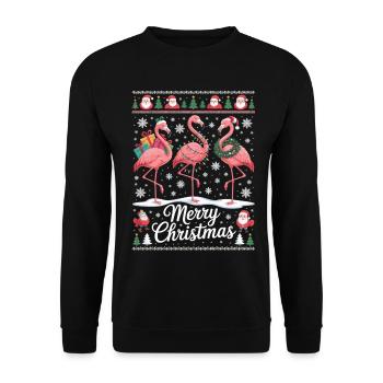 Flamingo Weihnachts Shirt  mit Santa und Geschenk - Unisex Pullover - Schwarz - Vorne - Alina (178cm) & Michal (187cm)