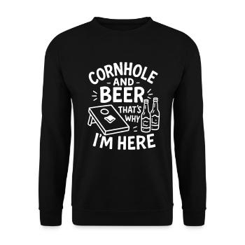 Cornhole und Bier – Darum bin ich hier - Unisex Pullover - Schwarz - Vorne - Alina (178cm) & Michal (187cm)