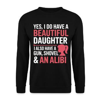 Witzshirt Waffe Schaufel Alibi - Unisex Pullover - Schwarz - Vorne - Alina (178cm) & Michal (187cm)