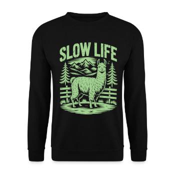 Entschleunigung Shirt mit Lama - Ruhe genießen - Unisex Pullover - Schwarz - Vorne - Alina (178cm) & Michal (187cm)