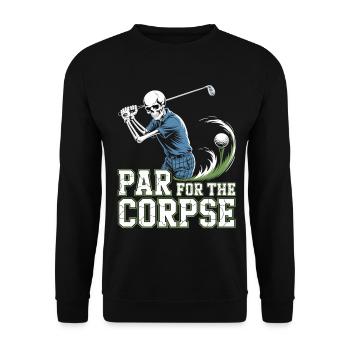 Schwarzer Humor Golf Shirt – Skelett beim Abschlag - Unisex Pullover - Schwarz - Vorne - Alina (178cm) & Michal (187cm)