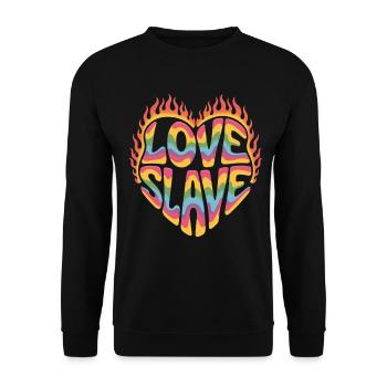 Retro Love T-Shirt – Buntes Herz mit Love Slave - Unisex Pullover - Schwarz - Vorne - Alina (178cm) & Michal (187cm)