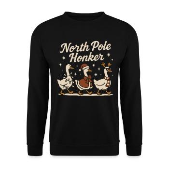Nordpol Honker Gans Weihnachten Lustiger Weihnachtsmann - Unisex Pullover - Schwarz - Vorne - Alina (178cm) & Michal (187cm)