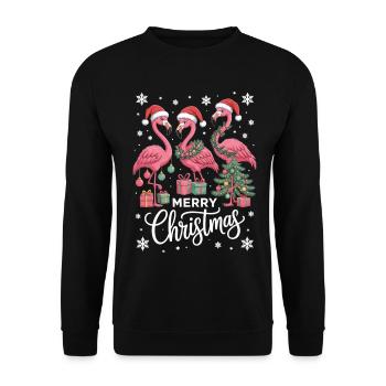 Weihnachtsshirt mit Flamingos und Geschenken - Unisex Pullover - Schwarz - Vorne - Alina (178cm) & Michal (187cm)