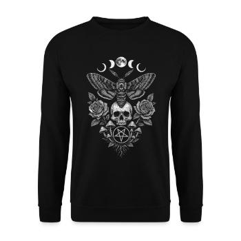 Motte mit Totenkopf Mondphasen Okkultismus Okkulte - Unisex Pullover - Schwarz - Vorne - Alina (178cm) & Michal (187cm)