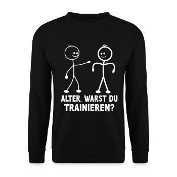 Strichmännchen WARST DU TRAINIEREN LUSTIG - Unisex Pullover - Schwarz - Vorne - Alina (178cm) & Michal (187cm)