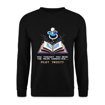 Plot Twist | Das Baby ist jetzt der Held - Unisex Pullover - Schwarz - Vorne - Alina (178cm) & Michal (187cm)