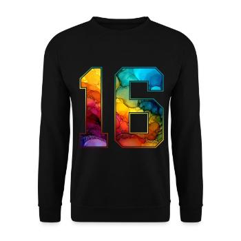 NR. 16 NUMMER 16 COLLEGE 16. GEBURTSTAG - Unisex Pullover - Schwarz - Vorne - Alina (178cm) & Michal (187cm)