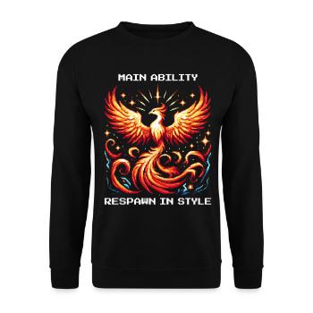 Hauptfähigkeit: Respawn mit Stil | Phönix - Unisex Pullover - Schwarz - Vorne - Alina (178cm) & Michal (187cm)