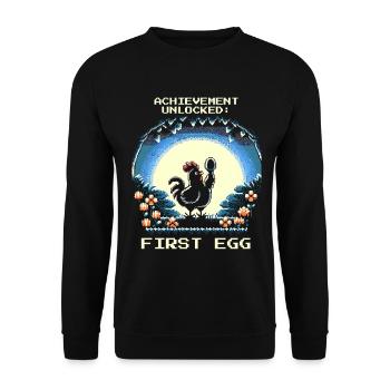 First Egg Unlocked | Chicken Gamer Humor - Unisex Sweatshirt - black - Front - Alina (178cm) & Michal (187cm)