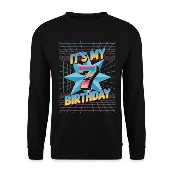 7. Geburtstag Geschenk im coolen 80er Jahre Stil - Unisex Pullover - Schwarz - Vorne - Alina (178cm) & Michal (187cm)